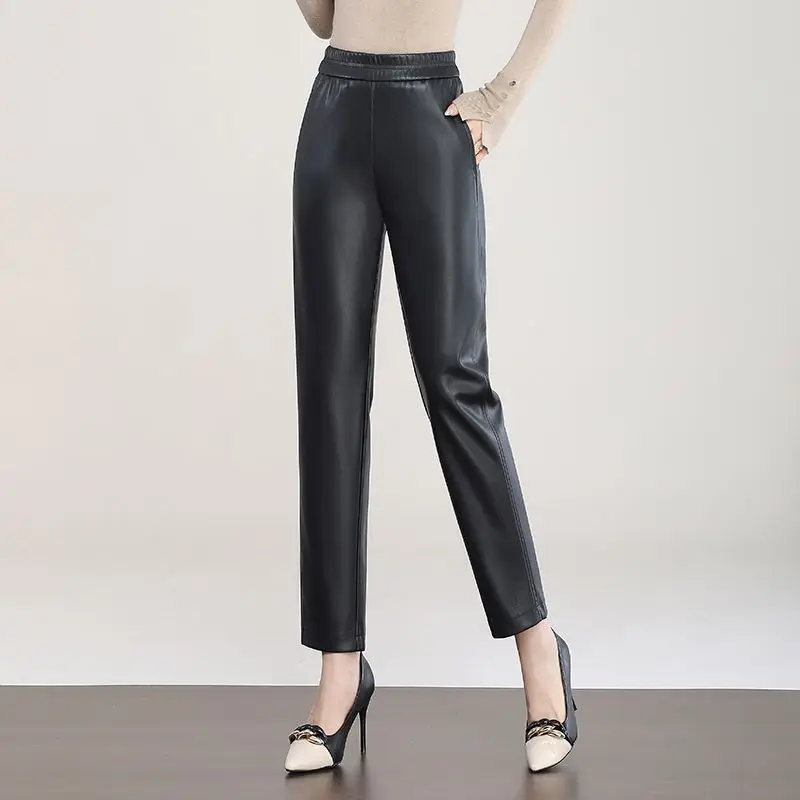 Spring and autumn new high waisted and slimming leather pants autumn and winter new casual simple nine point harem pants