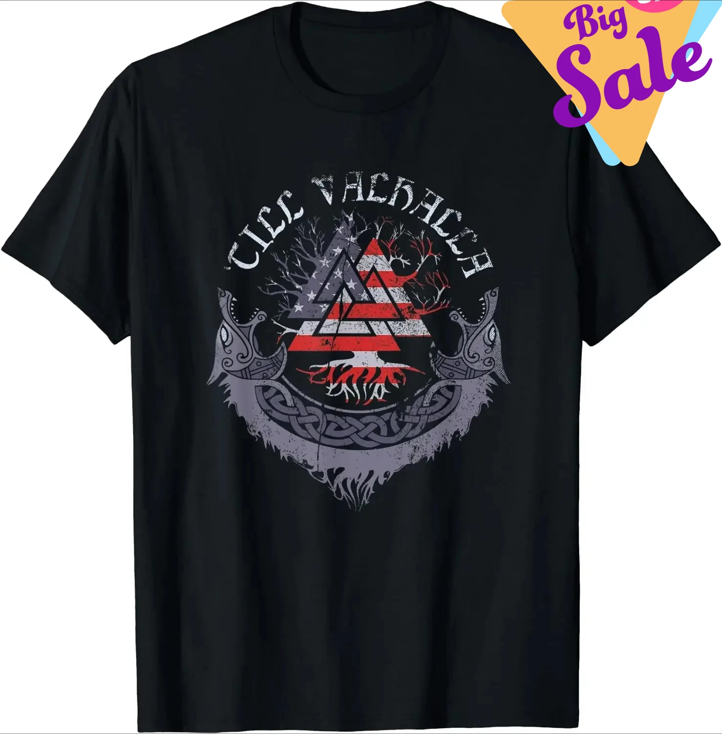 Until Valhalla American Flag Design Valknut Til Vallhala T-Shirt 100% Cotton O-Neck Short Sleeve Casual Mens T-shirt Size S-3XL