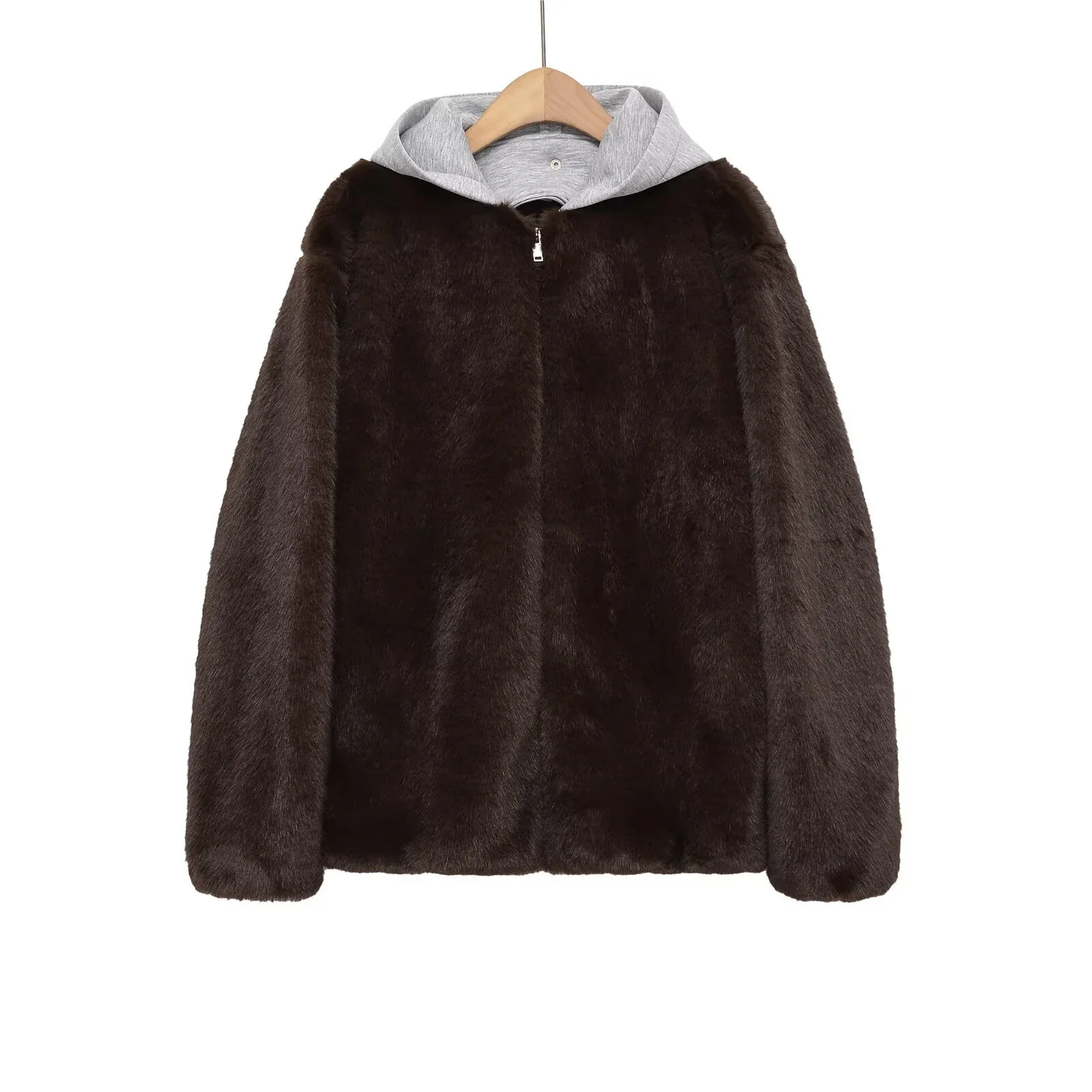 

2025 Winter New Fashion Sweet Loose Splicing Artificial Fur Zipper Hooded Jacket Women Outerwear Coat