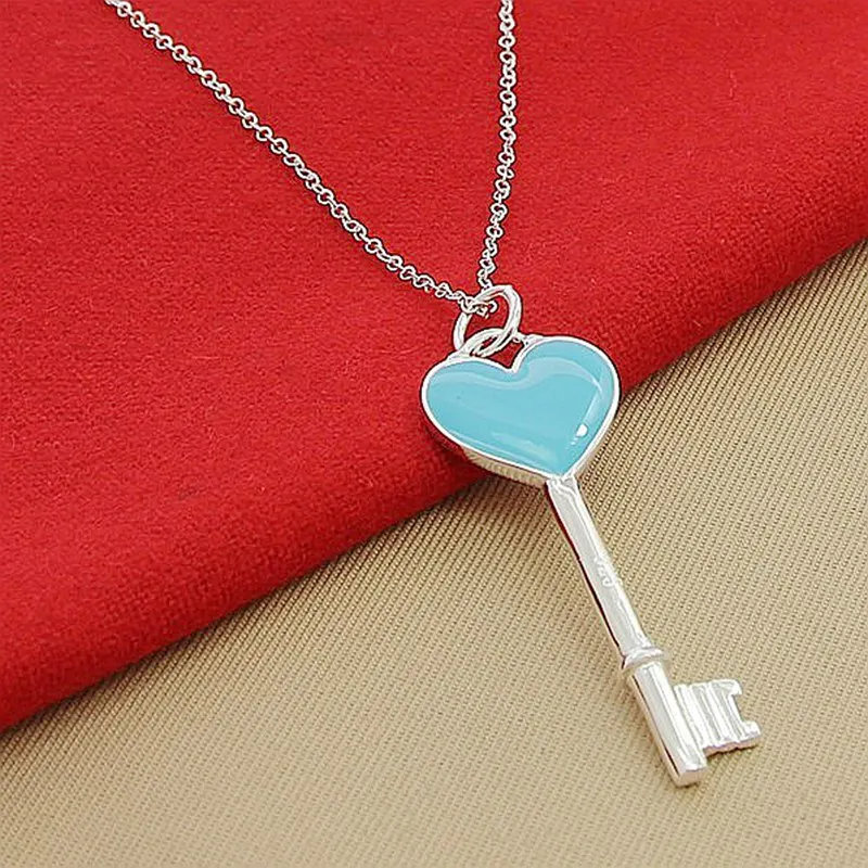 

Fashion 925 Sterling Silver Blue Heart Key Pendant Necklace Jewelry Men And Women Jewelry Birthday Jewelry