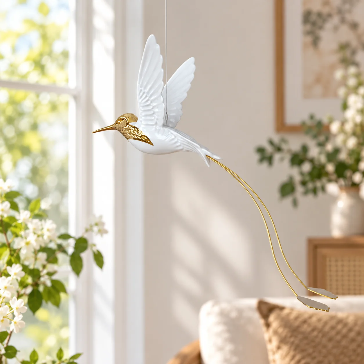 White Gold Artificial Hummingbird Hanging Pendant Fake Flying Bird Ornament Home Garden Wedding Party Ceiling Decor