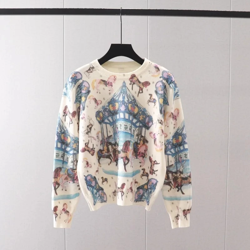 Korea Fashion Women\'s Sweaters Pullovers Horse Print Sweater Women Luxury Brand Long Sleeve Tops Knitted Y2K Colorful Jumper