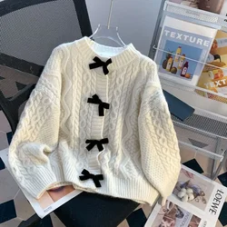 French Elegant Knitted Cardigan Sweet Oversized Chic Sweater V-Neck Long Sleeve Bow Knitwear Jumper Cozy Fashion Aesthetic B17