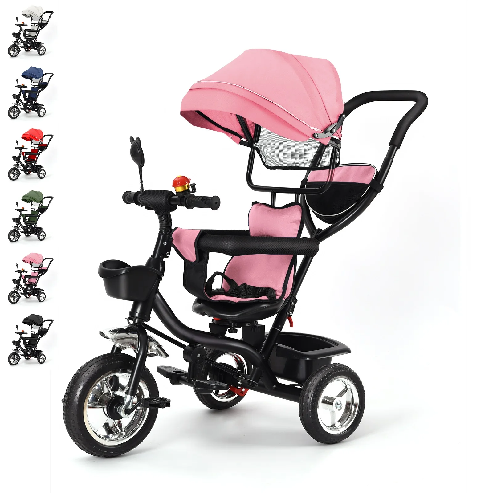 Baby-Dreirad, skalierbar, für 1 bis 5 Jahre, Fahrrad für Senioren und Kinder, umkehrbarer Sitz, großer Korb und Tasche, größere Räder, mit Schiebegriff, grün/rosa/schwarz/rot/blau/grau