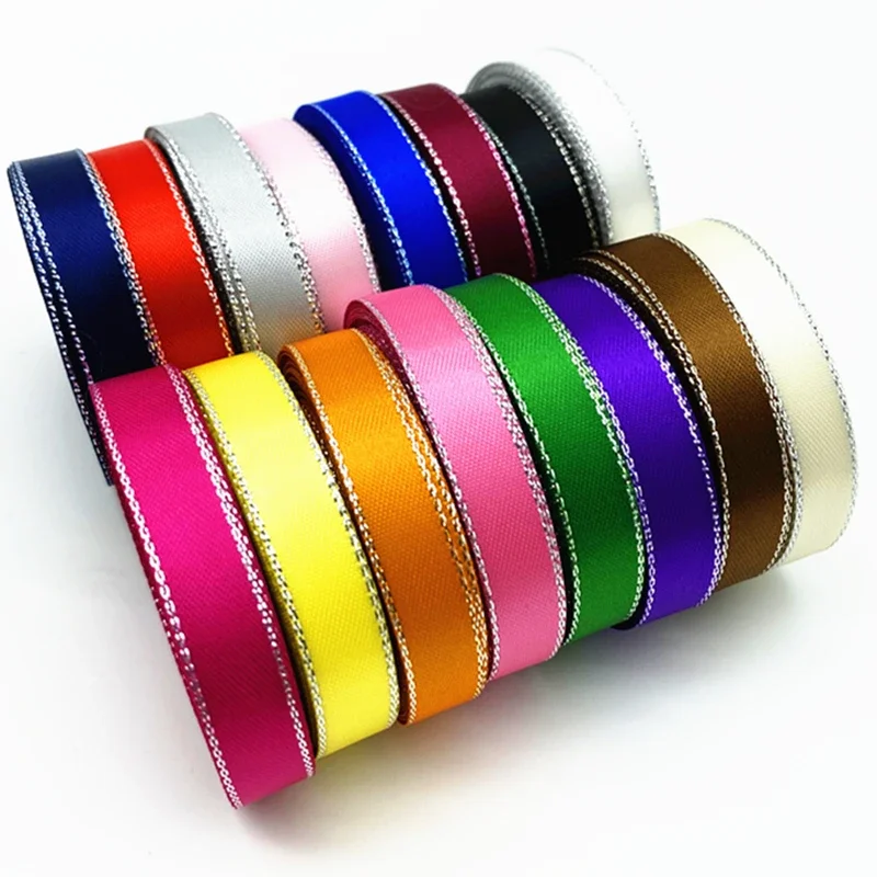 10mm High Quality Silver Metallic Edge Satin Ribbon Polyester For Flower Gift Packing Wedding Decoration DIY ,5 yds/lot
