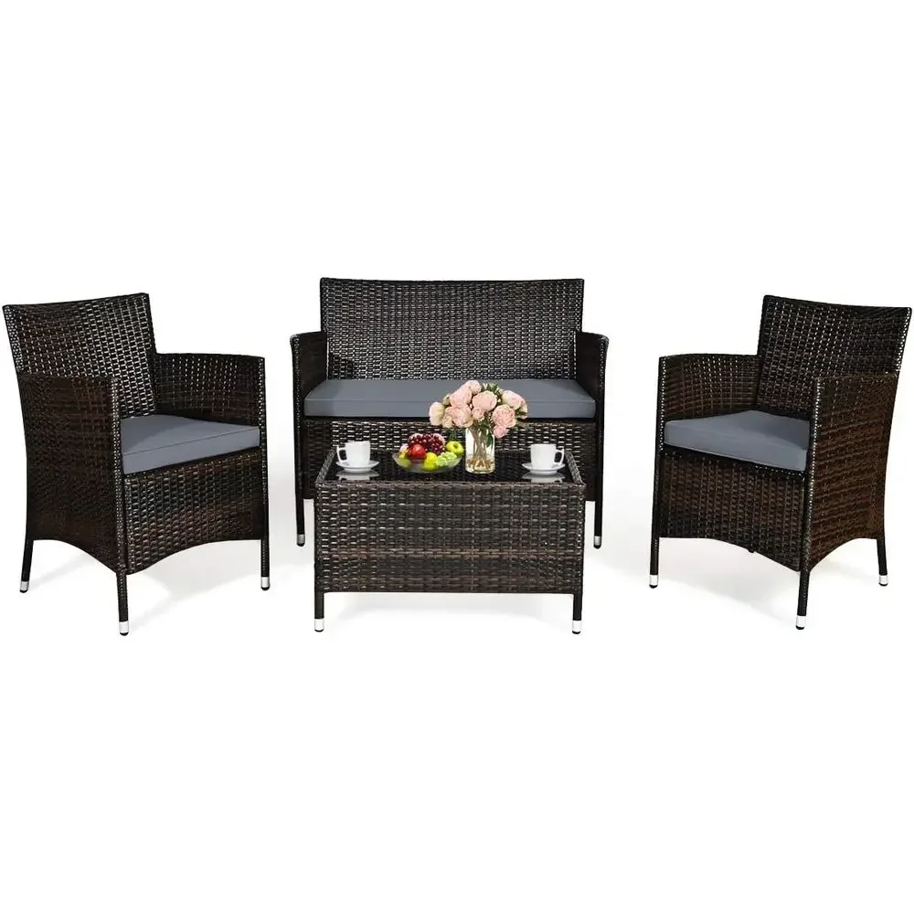 4-Piece Outdoor Rattan Patio Furniture Set with Tempered Glass Coffee Table and Thick Cushions, Suitable for Garden, Lawn, Pools