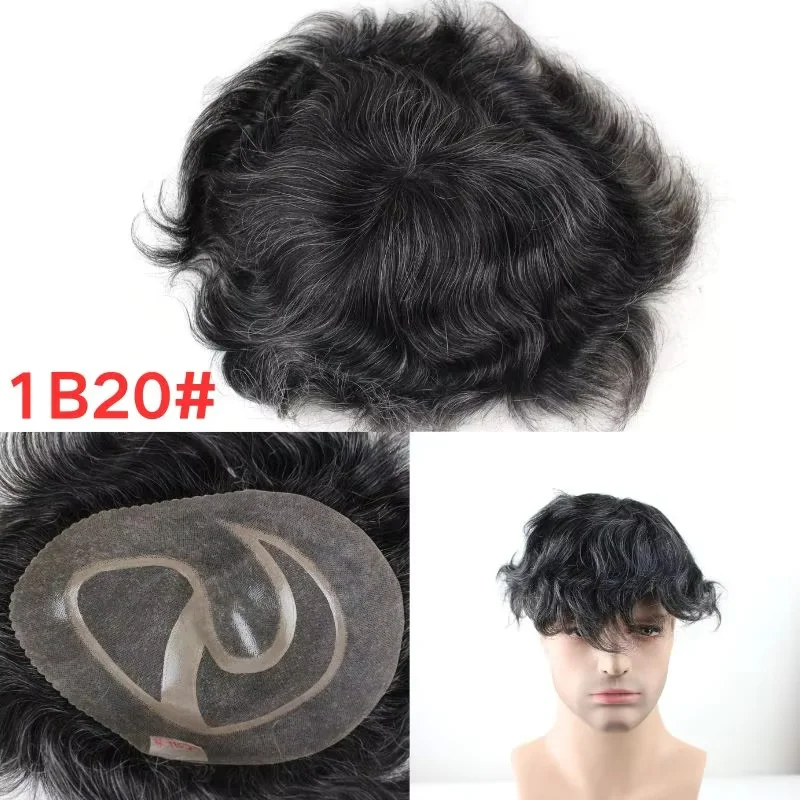 قاعدة شعر مستعار أحادية للرجال مع شعر PU 1B20 # لون 80% شعر بشري أسود مختلط مع نظام الشعر الاصطناعي 20٪ 8 × 10 #2