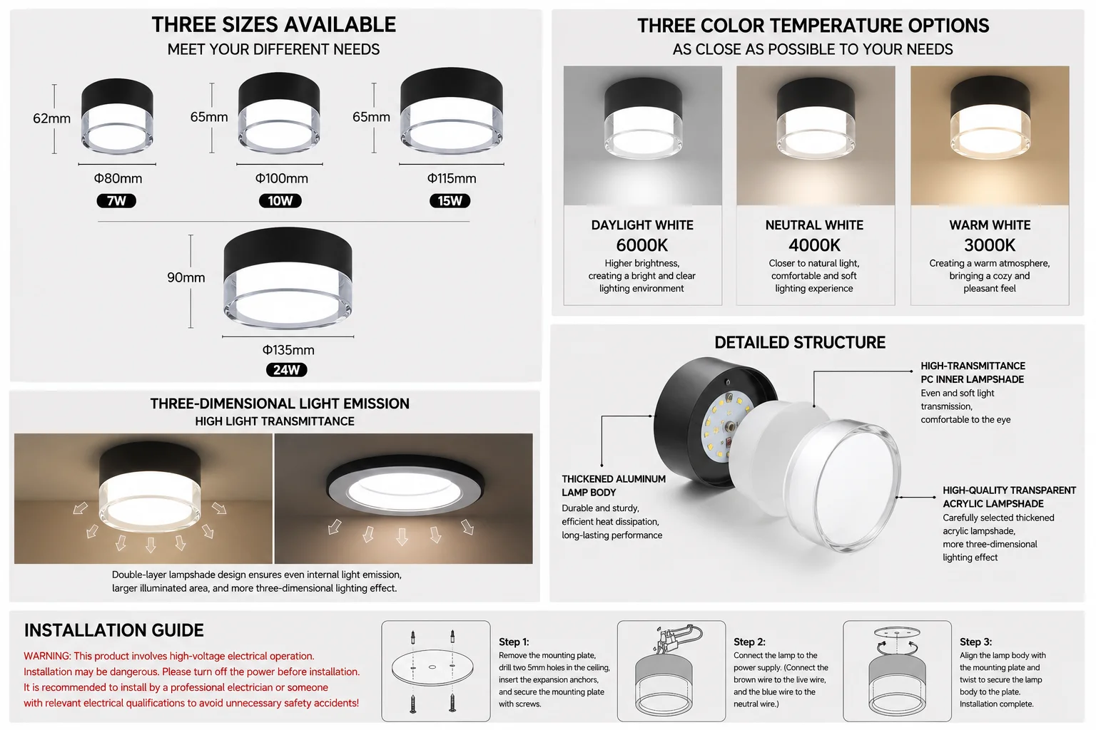 JOYINLED Round Surface Mount LED Ceiling Downlight 7W 10W 15W 24W, Indoor Surface Panel Light for Indoor Kitchen Bedroom Hallway - view 6