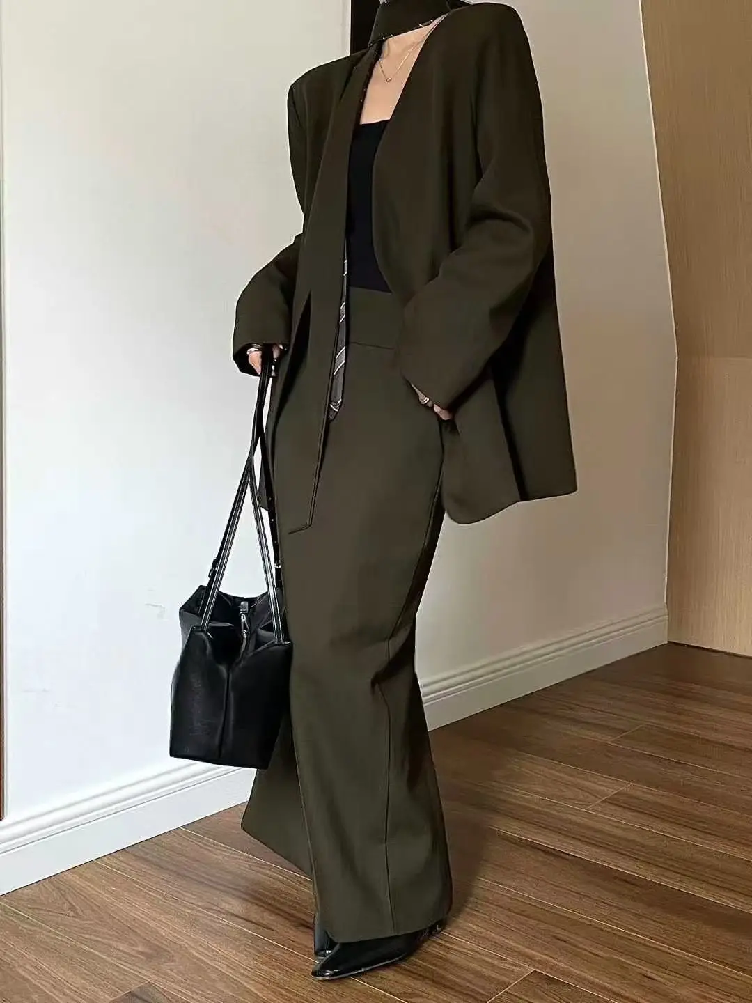 BJTZ Solid Color V-neck Blazer Jacket And Skirt Two Piece Set For Woman 2025 Spring Autumn New Trendy Lace-up Tie-waist Coat Set