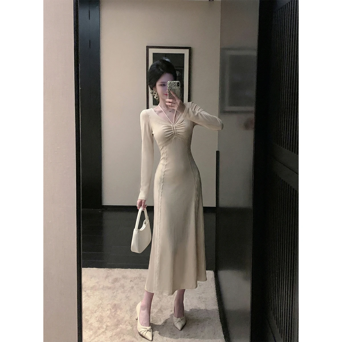 

Sy Spring Autumn High Waist V-Ne Long Sve Dr Casual Sle Polyester Cotton Blend Slim Fit H-ape Gown