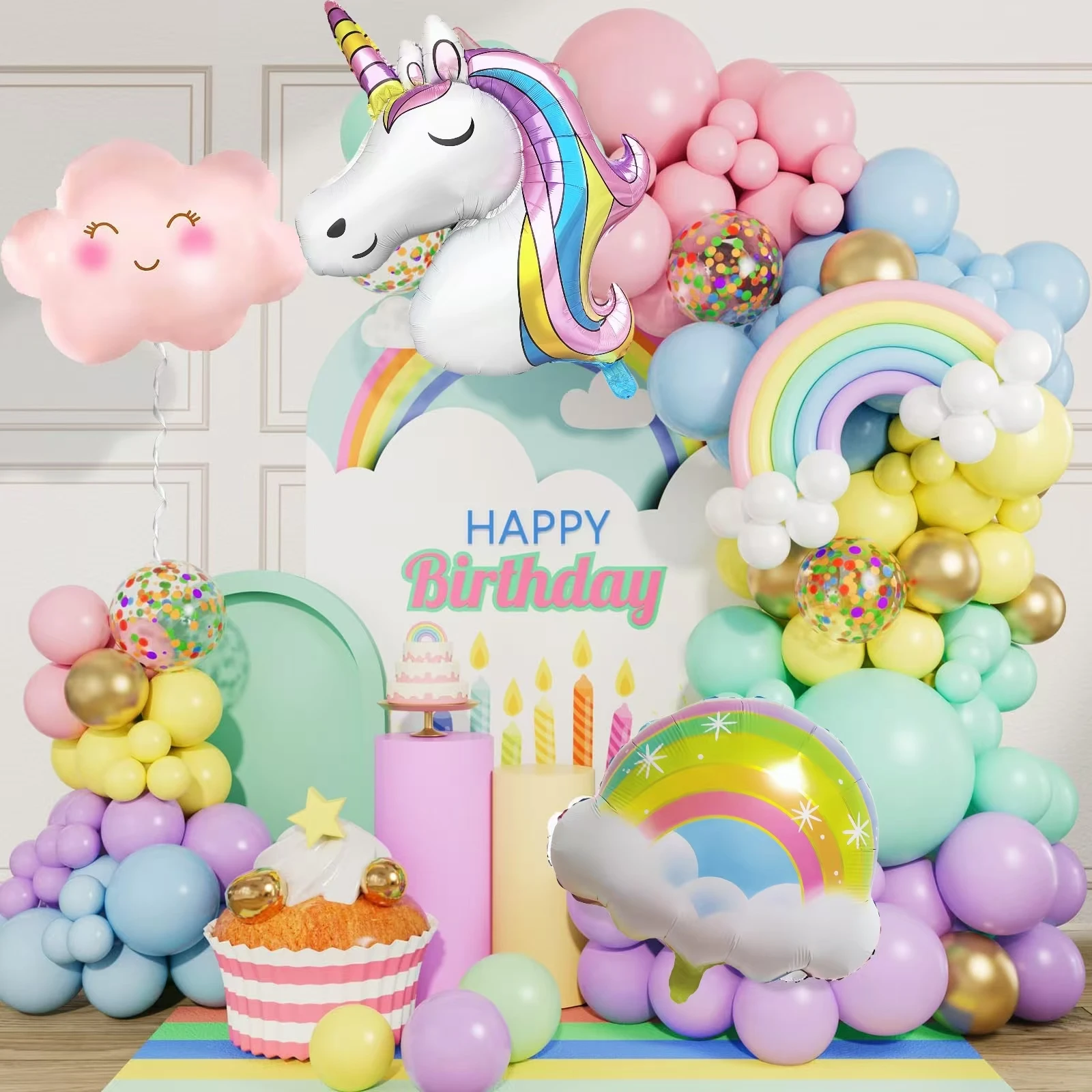 138pcs Rainbow Unicorn Balloons Garland Arch Kit Girls Birthday Party Decoration Kids Baby Shower Girl Supplies