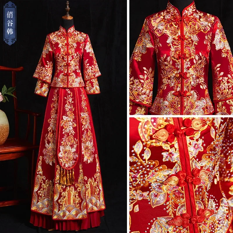 Classic Satin Red Golden Embroidery Cheongsam Chinese Wedding Xiuhe Chinese Dress Bride Dragon and Phoenix Gown Toast Dresses