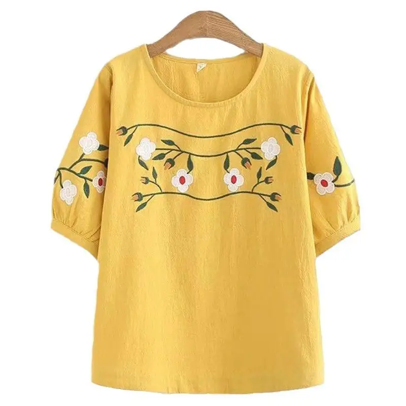 Cseta de Lino y Aodón para Mujer, Talla ande, Corte Ajustado, Cuello Redondo, Manga Corta, Estampado Floral, Estilo Ca...