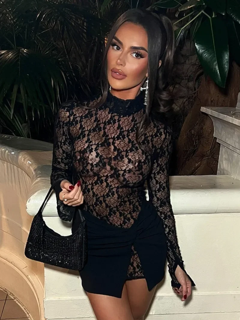 Women Long Sleeve Lace Dress Sets with Skirt Sexy See-through Bodycon Package Hip Mini Party Club Dresses 2 Piece Suit Black