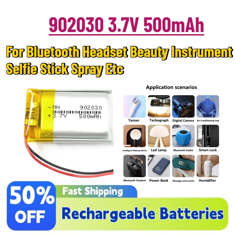 

In Stock 902030 3.7V 500mAh Li-Polymer LiPo Rechargeable Battery for Bluetooth Headset Beauty Instrument Selfie Stick Spray Etc