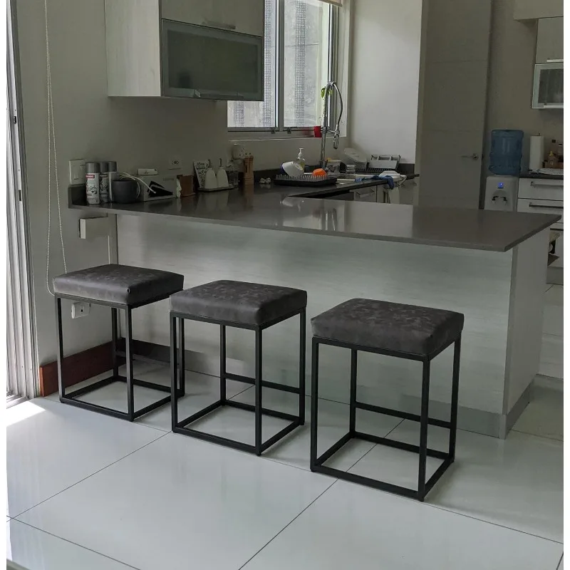 

Counter Height 24" Bar Stools Set of 3 for Kitchen Counter Backless Modern Barstools Industrial Upholstered Faux Leather Stools