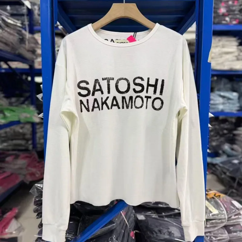 New SATOSHI NAKAMOTO Men Women Crew Neck Long Sleeve T Shirt Bold Letter Print Raw Hem Street Top