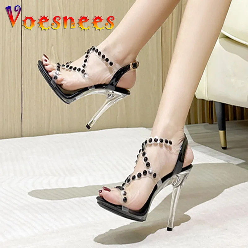 New Gladiators Ladies Shoes Bright Rhinestones PVC Thin Band High Heels Summer Women Sexy Cross-strap Hollow Out Sandals Silvery