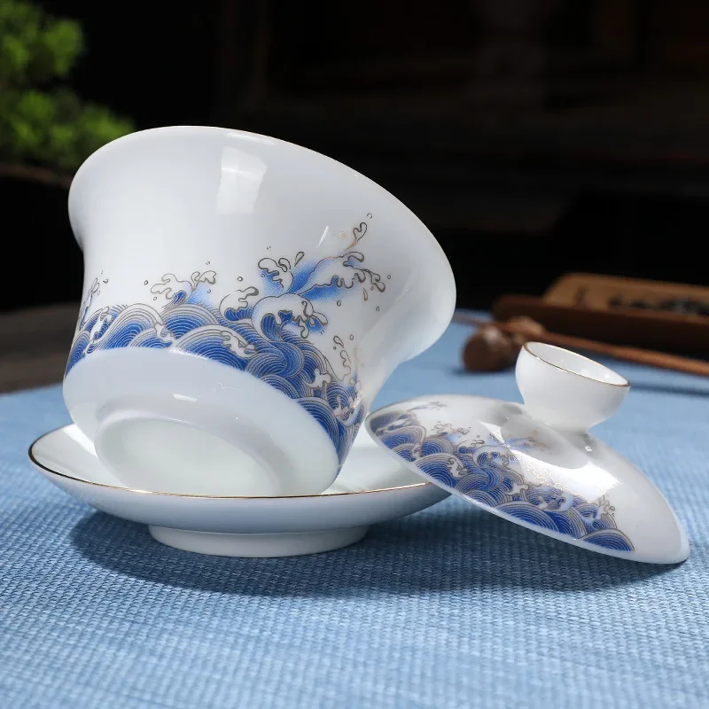 Chinese Style Brewing Tea Cups, Blue and White Porcelain Gaiwan, White Jade Ceramic Tureen, Sea Wave Bowl, Saucer Lid Set, 170ml