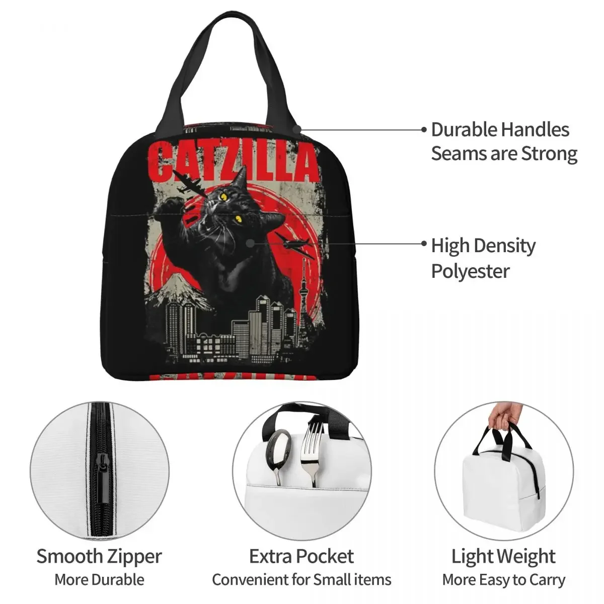 Catzilla Monsters Kitten Isolated Lunch Bags, refrigerador térmico de piquenique, lancheira, bolsa para mulheres e crianças, vintage