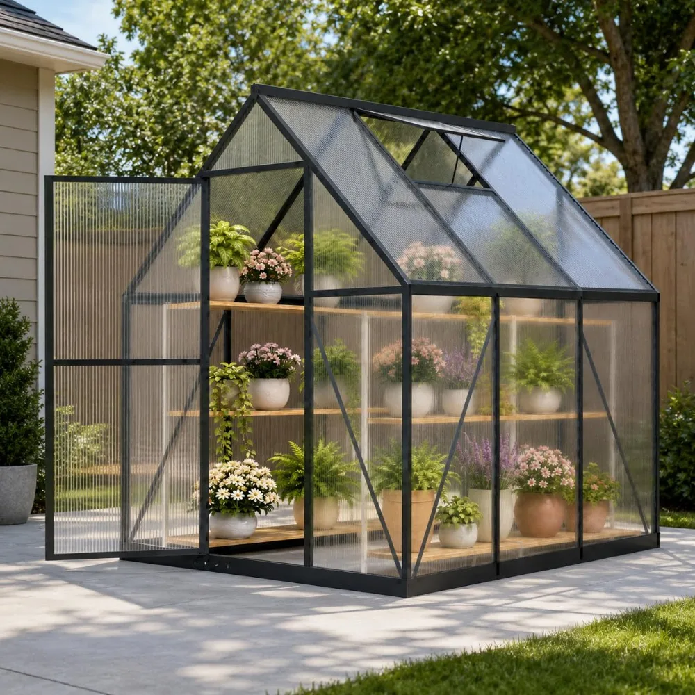 6 x 6 FT Polycarbonate Greenhouse for Outdoors, Heavy Duty Walk-in Greenhouses with Roof Air Vent, Aluminum Outdoor, Custom