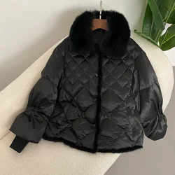 OFTBUY Fox Fur Jacket Women Autumn Winter Large Fur Collar Mink Fur Puffer Jacket Short Casual 90 White Duck Down Coat Warm