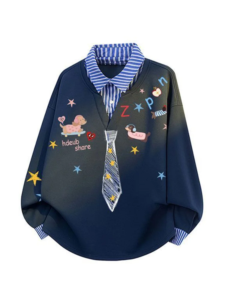 Sudadera de dibujos animados Kawaii de Japón para mujer, jersey falso de dos suelto y dulce con estampado de estilo pijo, Tops bonitos de retazos de manga larga Vintage