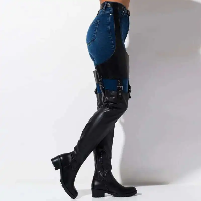 

Size 34-46 Belt Black Thigh High Boots Low Heels Women Shoes Pu Leather Over The Knee Boots Shoes