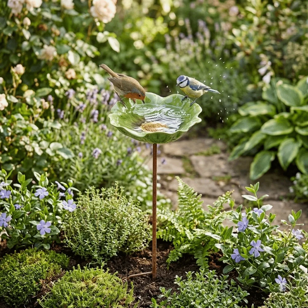 Metal Bird Bath Stand Flower Shaped Colorful Bee Butterfly Watering Station Iron Art Ground Insert Garden Insect Birdbath