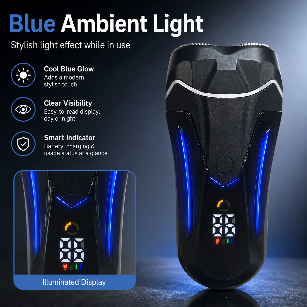 Dual-Head Rotary Electric Shaver, Men's Electric Shaver, Dual Floating Rotary Blades, Dual Ring Blade Grid, Digital Display, Power Display, Type-C Charging, Portable Razor with Blue Light Effect, One-Touch Start, Compact Body, Suitable for Home, Travel, Business Trips, and Daily Beard Trimming Tool.