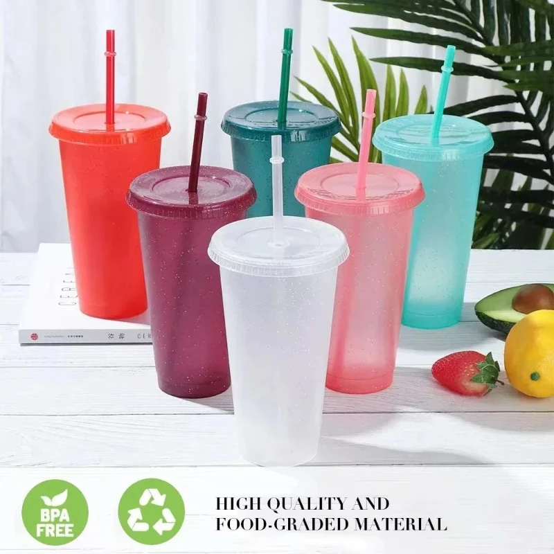 

Summer Party Glitter Cups Girl Cold Drink Cup Reusable Hard Plastic Cup with Lids and Straws For Wedding/Holiday Parties