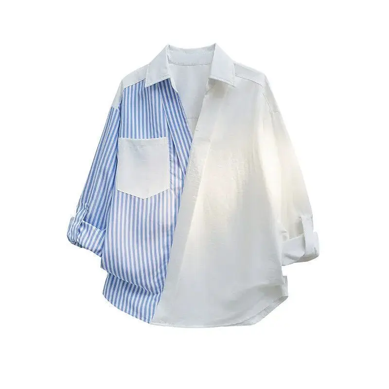 

Весенне-летние новые корейские стильные лоскутные полосатые мужские повседневные свободные универсальные рубашки из двух предметов с длинными рукавами, топы