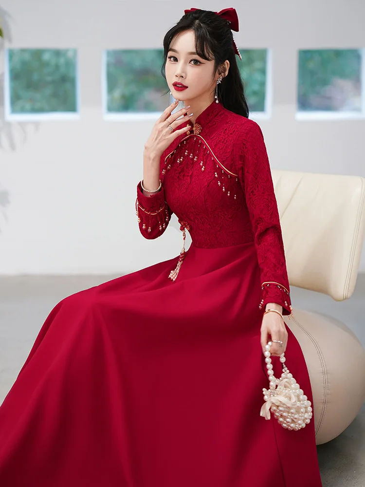 Donne tradizionale cinese abbigliamento pizzo Cheongsams abito da sposa cina capodanno rosso Qipao Toast abito da sposa Plus Size Robe