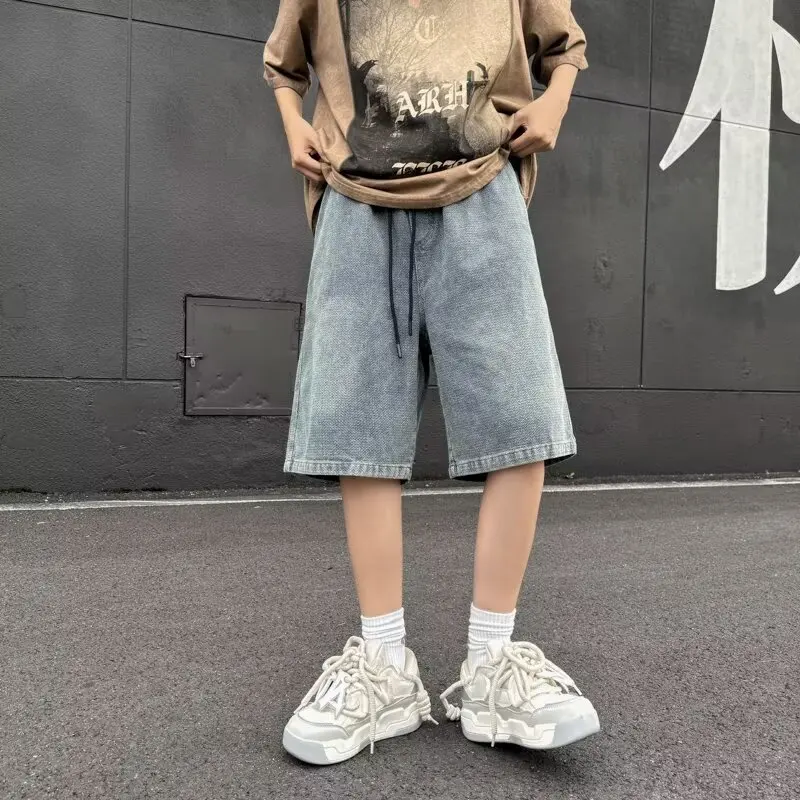 

Мужские джинсовые шорты с высокой талией, летние, в американском ретро-стиле, выше колена, рабочие, длиной до колена, с узором в виде звезд