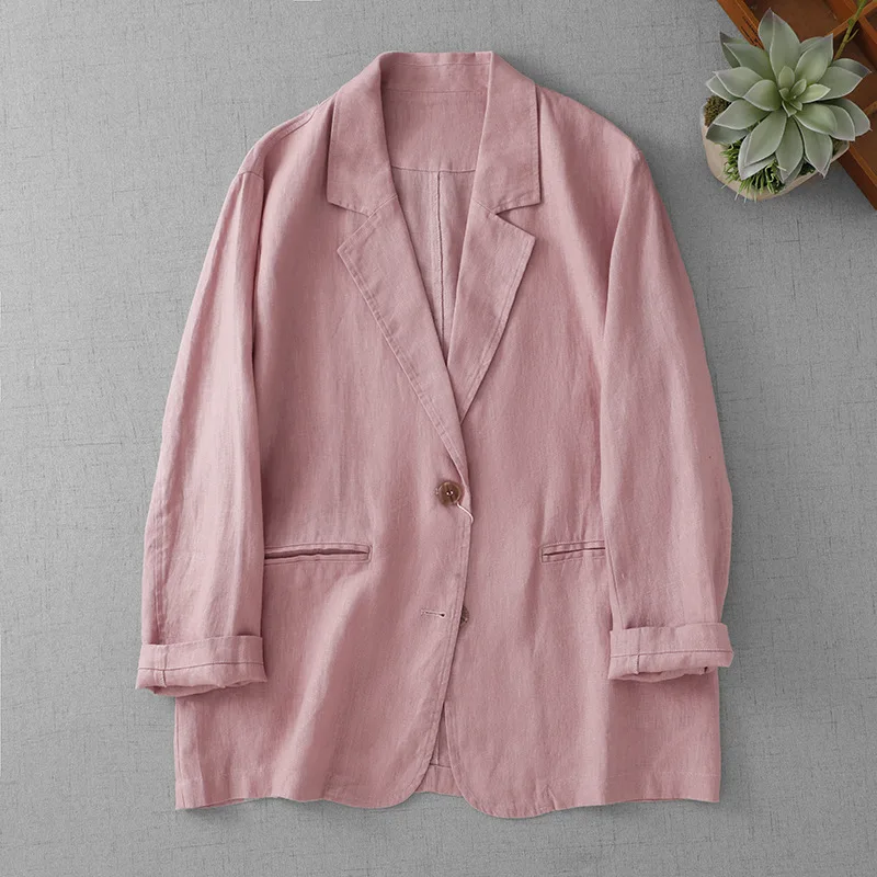 2026 Vintage Summer Thin Cotton Linen Suit Jacket Women's Sunscreen Coat Single-breasted Loose Tops Female Comfy Casual Blazers