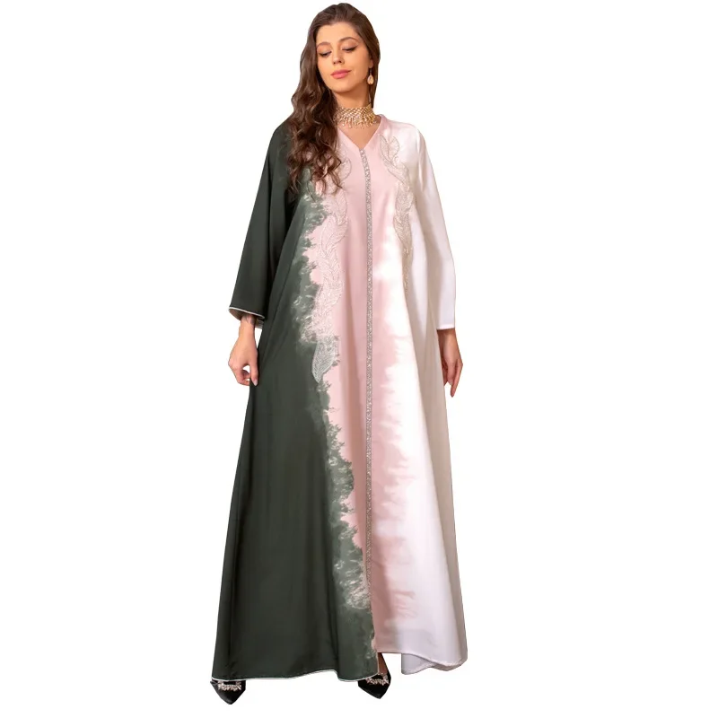 Lose V-Ausschnitt Abayas für Frauen Robe Perlen bestickt muslimischen Kleid Frauen Abaya Dubai Saudi Tie-Dye Drill Kaftan Elegante Femme