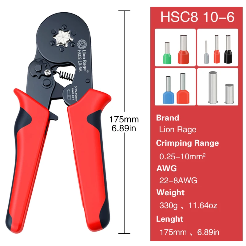 Draht-Crimpzange 0,25–10 mm2 AWG22–8 Aderendhülsen-Rohrklemmen-Crimper für elektrische Haushalts-Crimpkapazität bis zu 10 mm2 – Detail 2