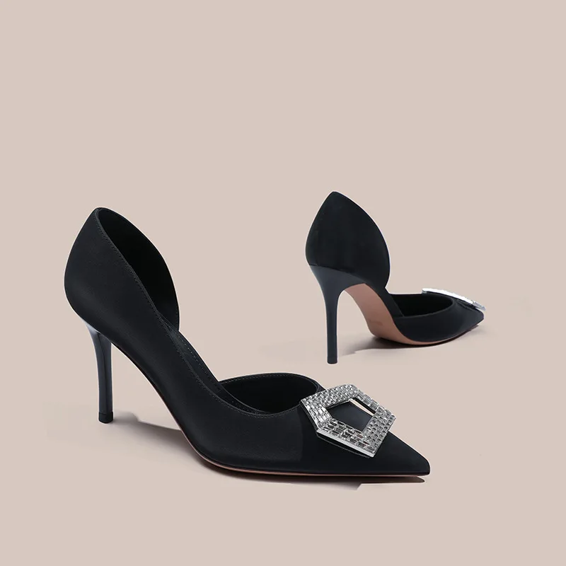

Hot black fabric satin side hollow diamond buckle high heels 2025 new style temperament comfortable women's single shoes