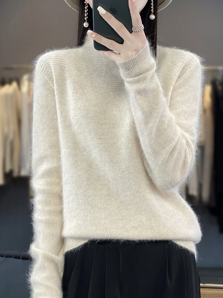 100% Mink Cashmere Pullovers Women's Knitted Sweater Mock-neck Long Sleeve Jumper Autumn Winter Soft Warm Female Clothing Top