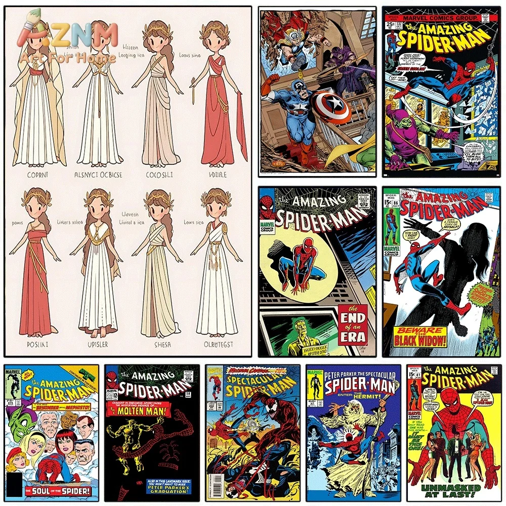Ancient Greek Style Dress Sketch & Spider‑Man Vintage Comic Cover Canvas Wall Art Print Poster Unframed Canvas Painting Home B