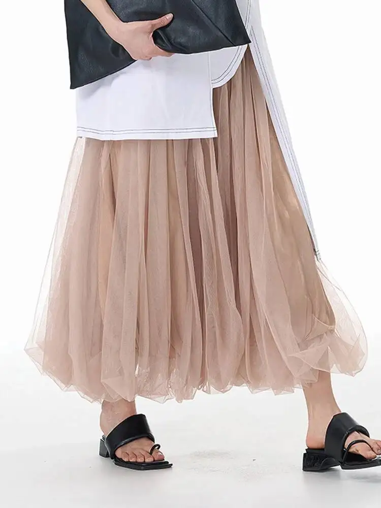High Elastic Waist Khaki Layers Mesh Elegant A-line Half-body Skirt Women Fashion Tide New Spring Autumn