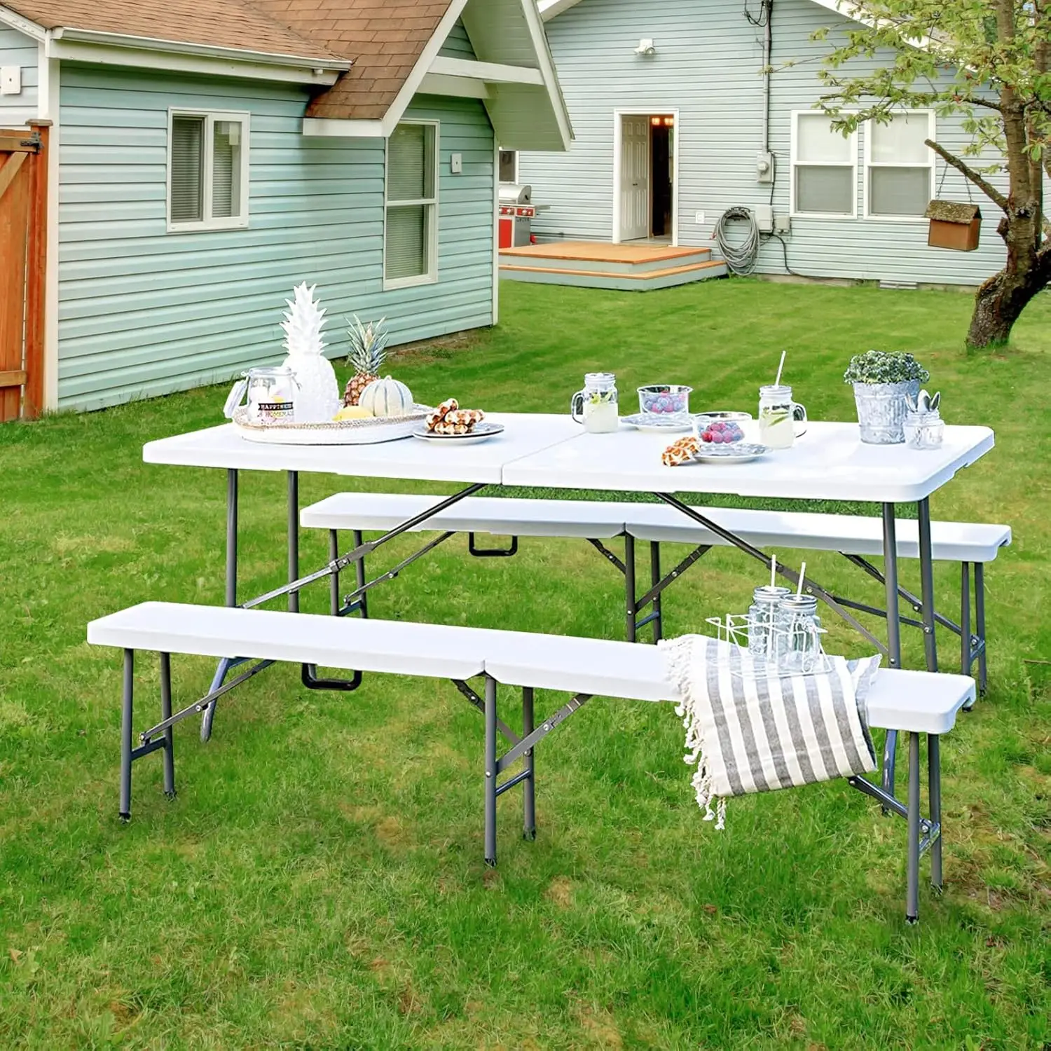 

Folding Table 6Ft Portable Heavy Duty Plastic Fold-In-Half Utility Foldable Table Plastic Dining Indoor Outdoor For Camping,