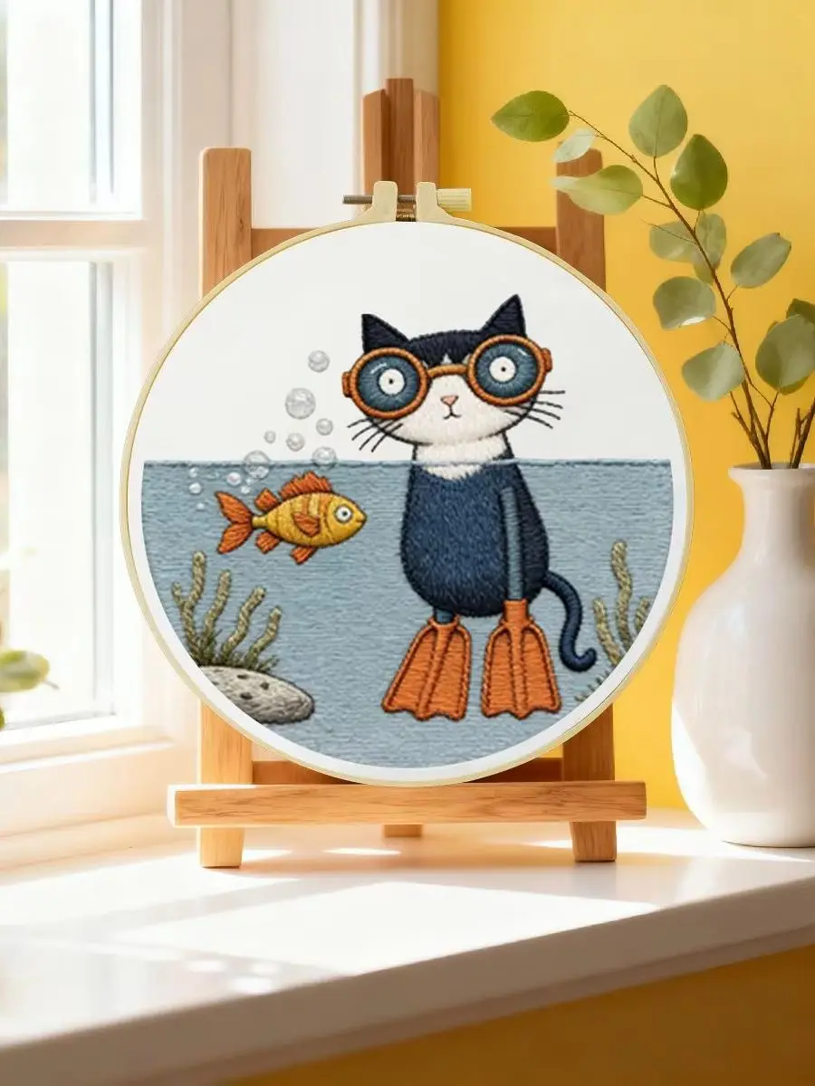 1 Stück 20X20CM/15X15CM 7,87/6,3 Zoll Tauchkatze Stickerei Starter-Kit DIY-Kit DIY-Stickerei-Set Handarbeiten Nadelkunst – Detail 6