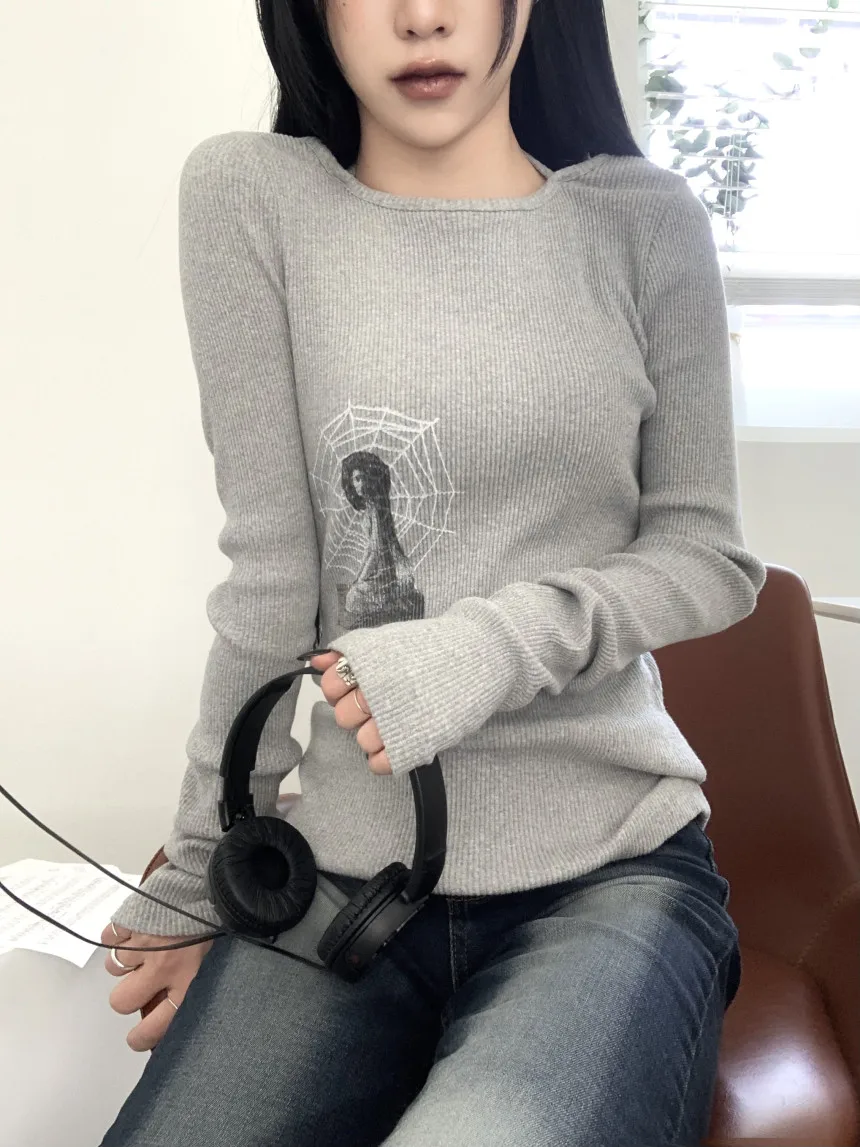 New Fashion Thin Knit Pullover Women Clothing Cobweb Printing Design Minority Knitwear Slim Long-sleeved Bottoming Shirt Y2k Top