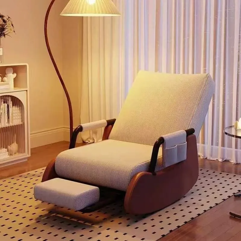 Cream Corduroy Rocking Chair with Footrest Cat Scratch Leather Armrests Side Pocket for Living Room Bedroom Balcony Relaxation