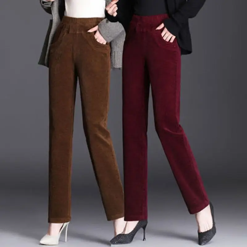 

3C Corduroy Straight Leg Trousers for Middle-Aged Mothers Autumn Winter Slimming Long Pants Women's Faion Casual Pants