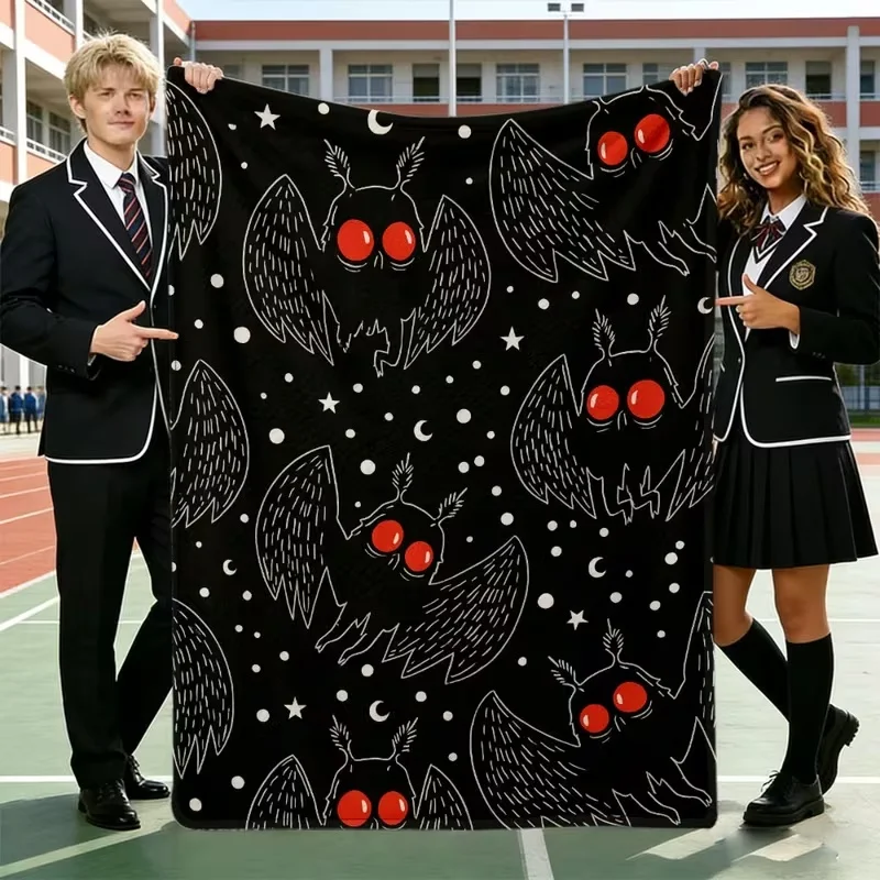 Mothman Moon Star Print Throw Blanket, Mysterious Monster Pattern Soft Warm Flannel Blanket for Sofa Bedroom Home Decor