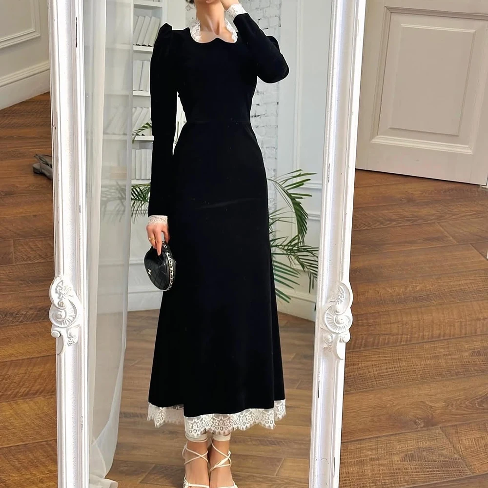 Customized A-line Evening Dresses Tea-length High-neck Full Sleeve Prom Gown Fashion Lace Simple Draped Casual Party Gown