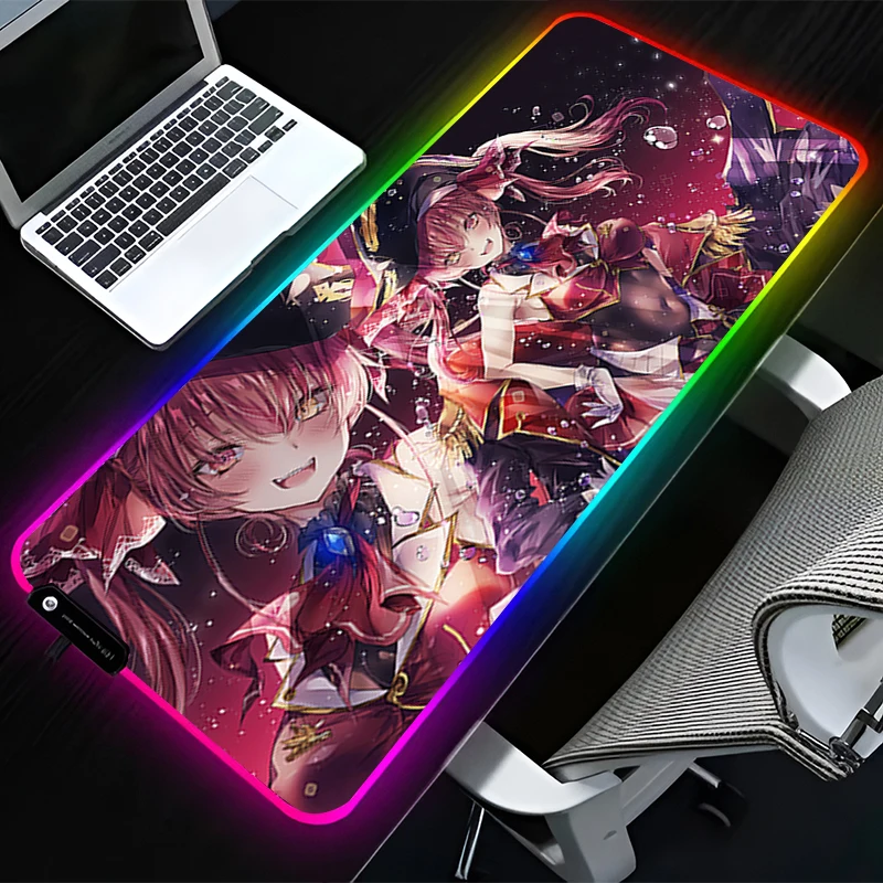 RGB LED Mouse Pad Computer Desk Accessories Mouse Mat Rubber Keyboard Pad H-hololive Houshou Marine Non Slip Mousepad Desk Mat