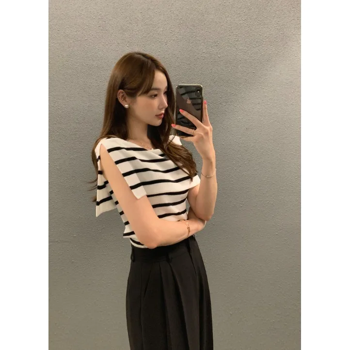

Summer Chic Design Svel Knitted Top Women's Faion Belted Stripe Vintage Sle Small Size Korean Sle Sweater
